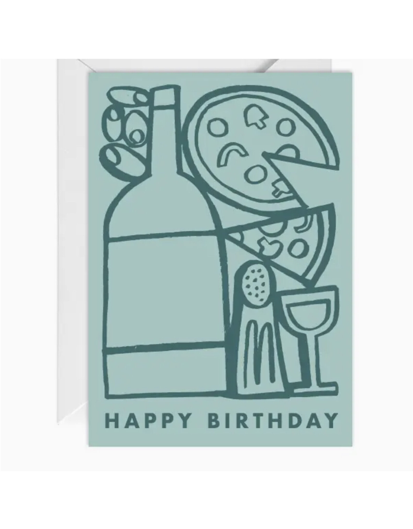 Happy Go Lucky Happy Birthday Pizza Wine Greeting Card