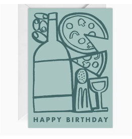 Happy Go Lucky Happy Birthday Pizza Wine Greeting Card