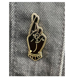 Whats Her Face Black and Gold Fingers Crossed Enamel Pin