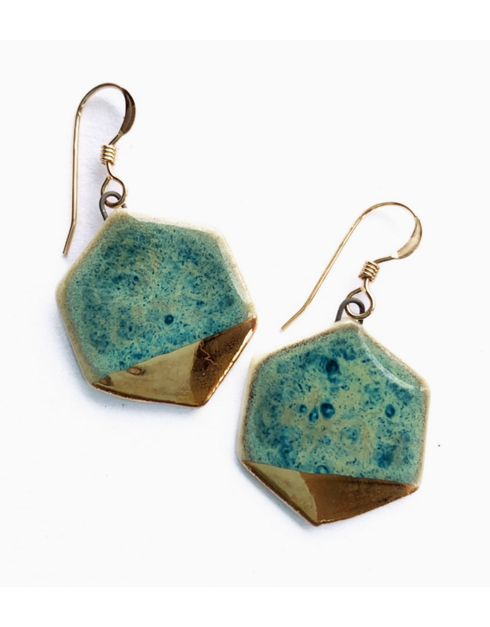 Small Hexagon Drop Earrings - Green/Gold