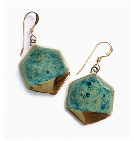Small Hexagon Dangle Earrings - Green/Gold