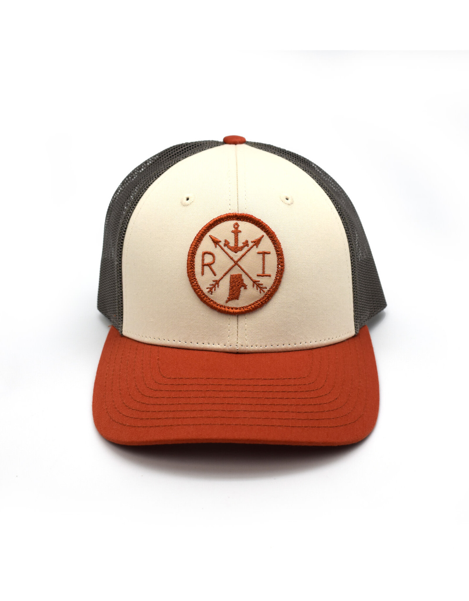 RI Trucker Hat with Arrow Patch - Cream Rust Olive