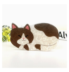 Brown & White Sleepy Kitty Cat Claw Clip