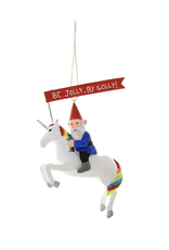 Be Jolly, By Golly Gnome Riding Unicorn Ornament*