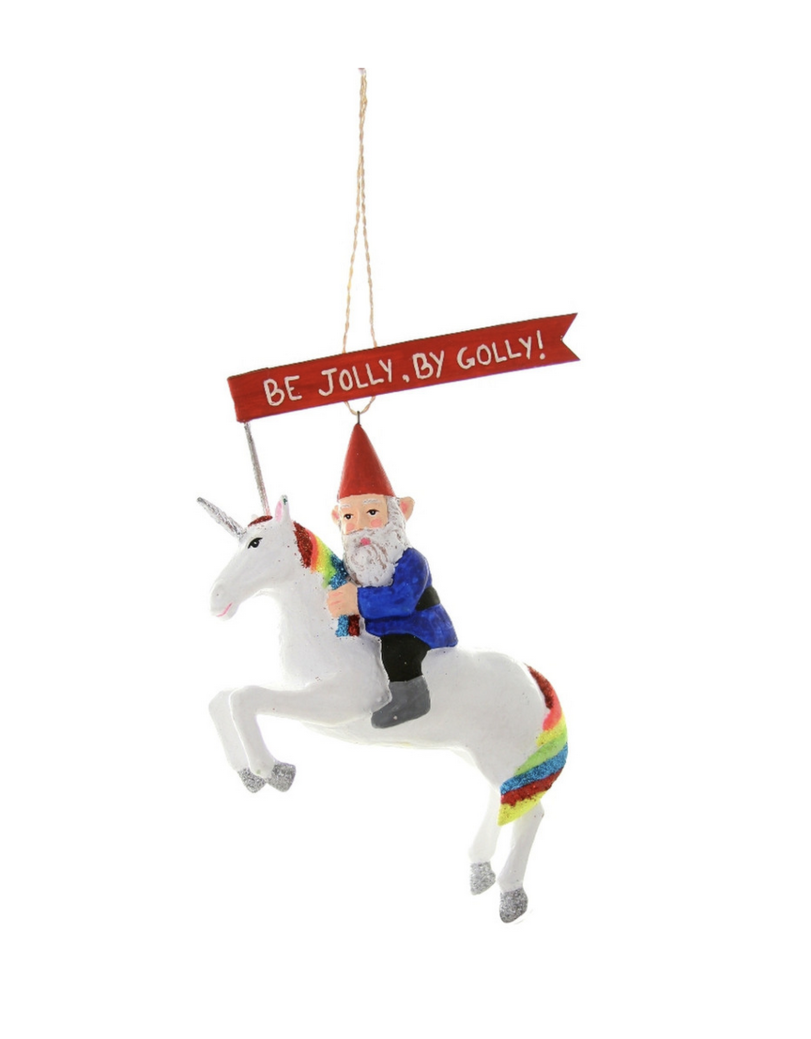 Be Jolly, By Golly Gnome Riding Unicorn Ornament*