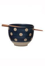 Polka Dot Blue Stoneware Bowl with Chopsticks