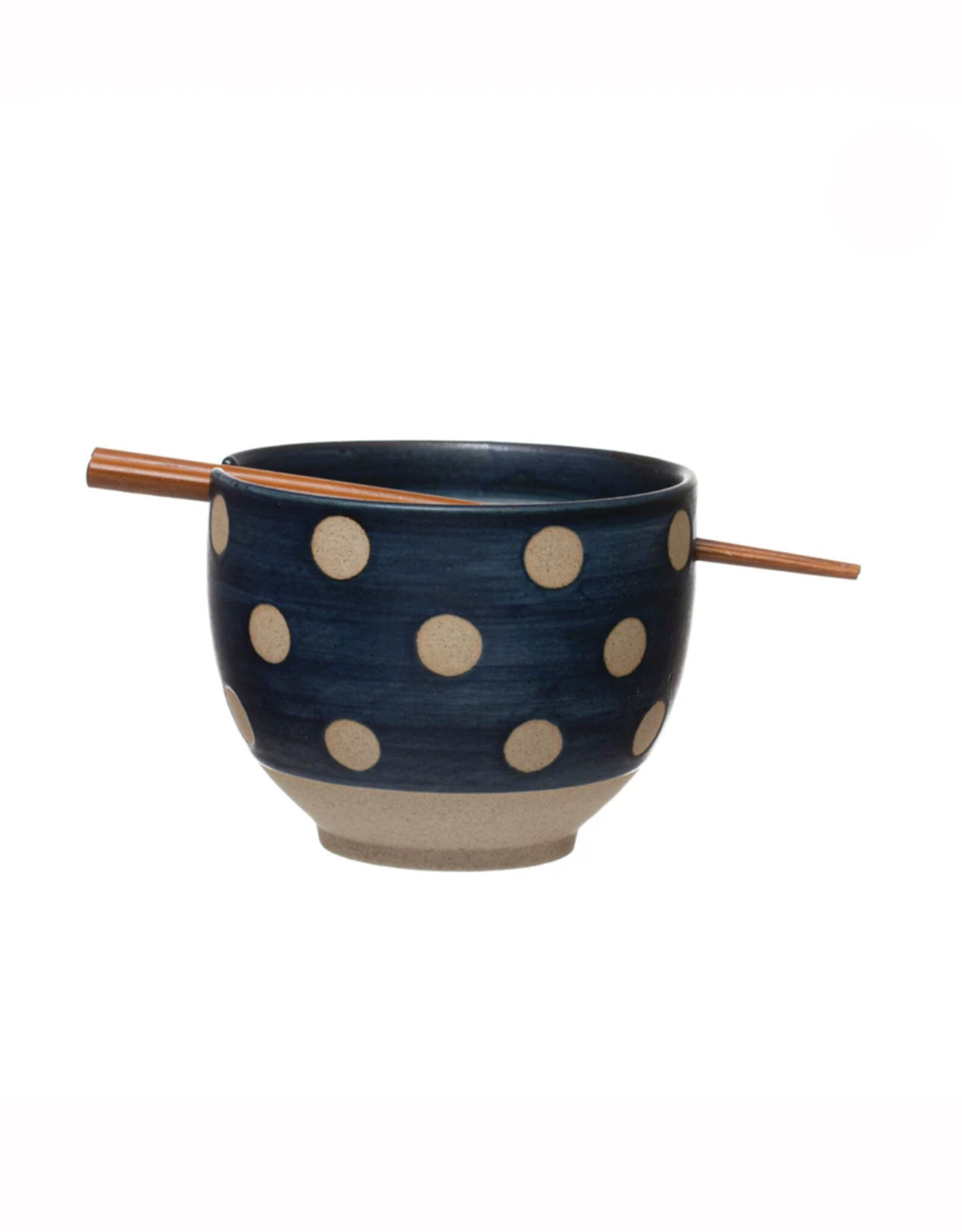 Polka Dot Blue Stoneware Bowl with Chopsticks