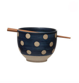 Polka Dot Blue Stoneware Bowl with Chopsticks