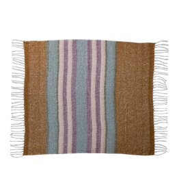 Brushed Acrylic & New Zealand Wool Throw w/ Stripes & Fringe - Sand, Blue & Purple