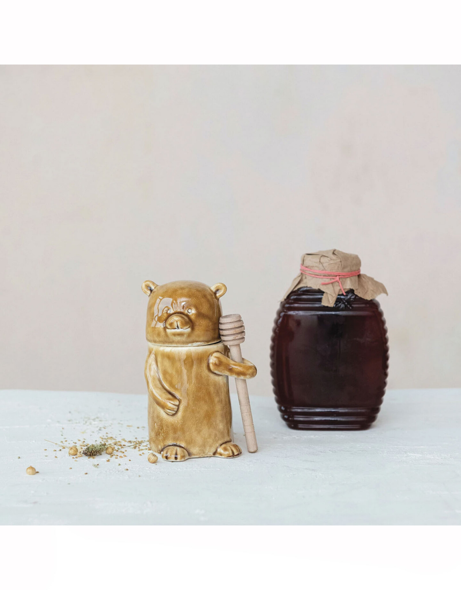 Stoneware Honey Bear Jar with Honey Dipper