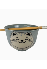 Grey Chubby Cat Donburi Bowl & Chopsticks Set