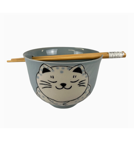 Grey Chubby Cat Donburi Bowl & Chopsticks Set