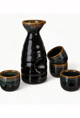 Brown and Black Glazed Sake Set for 4