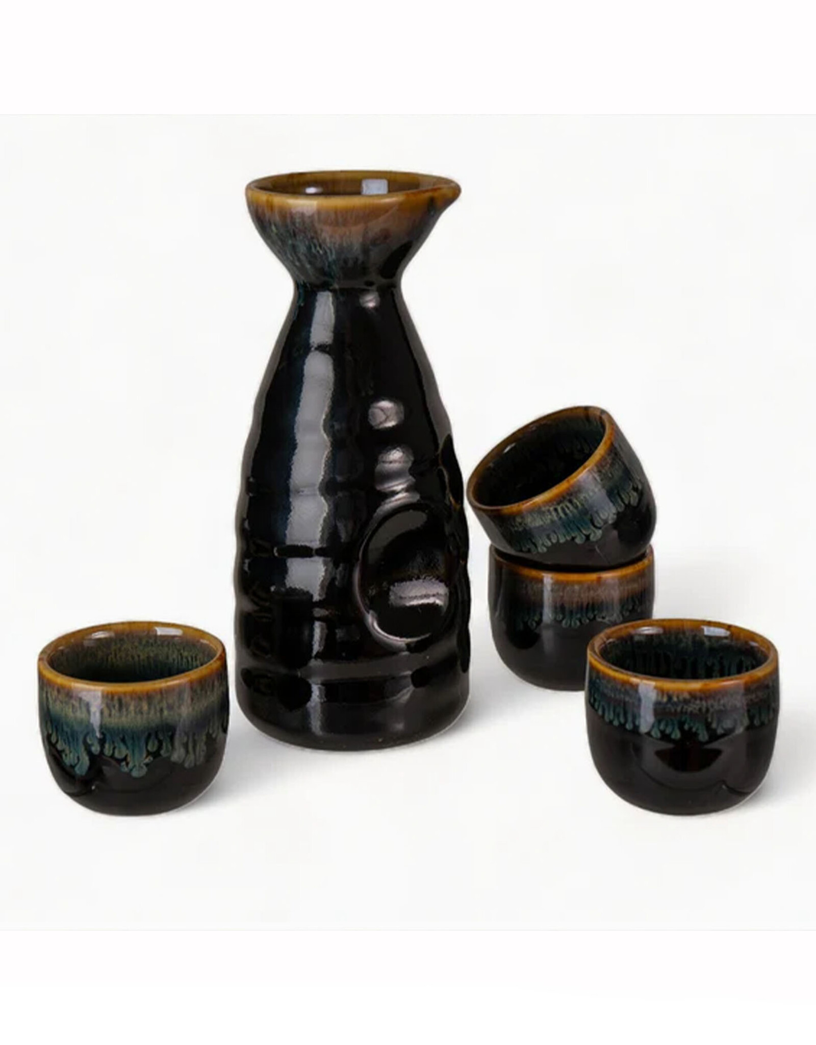 Brown and Black Glazed Sake Set for 4