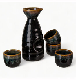 Brown and Black Glazed Sake Set for 4