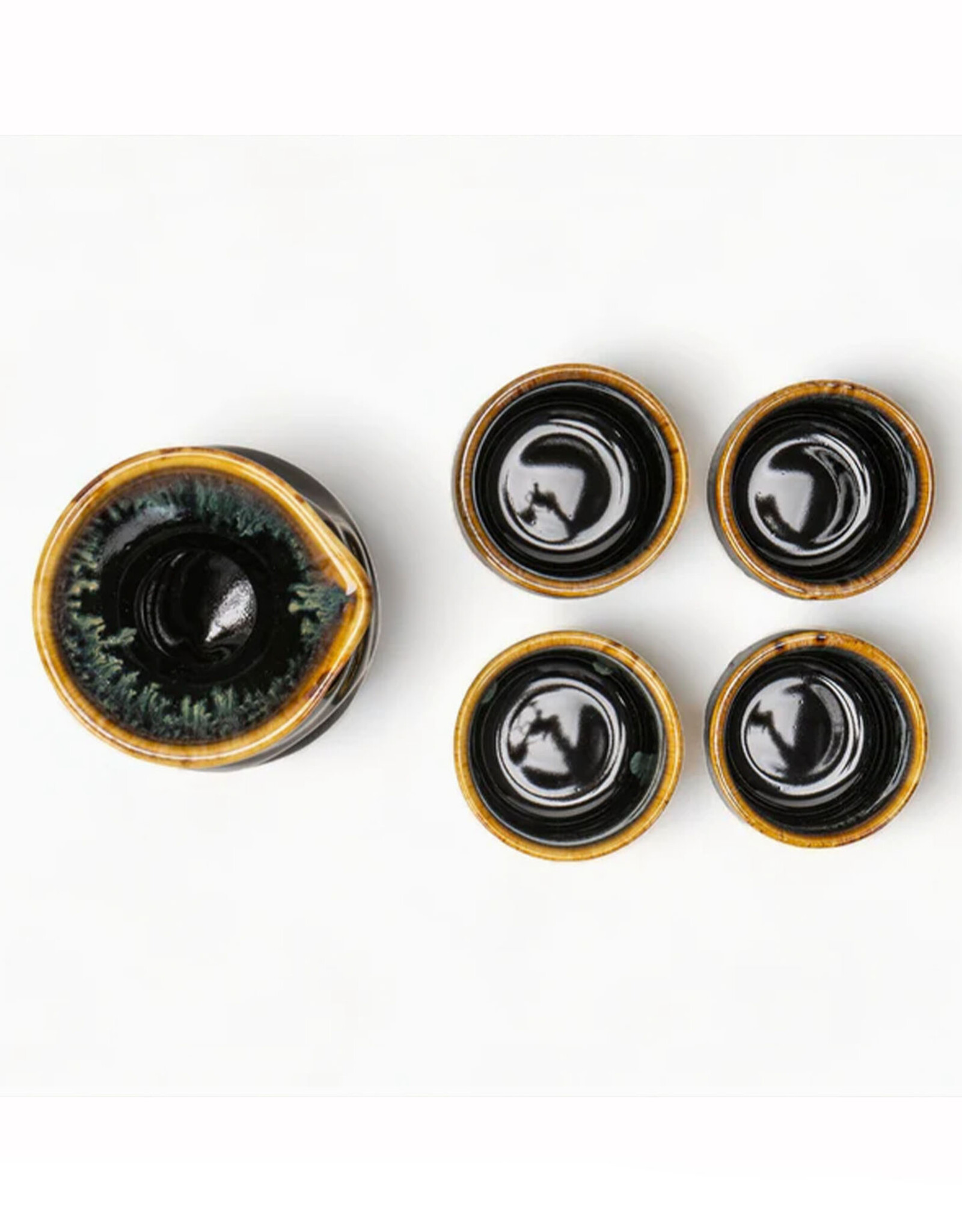 Brown and Black Glazed Sake Set for 4