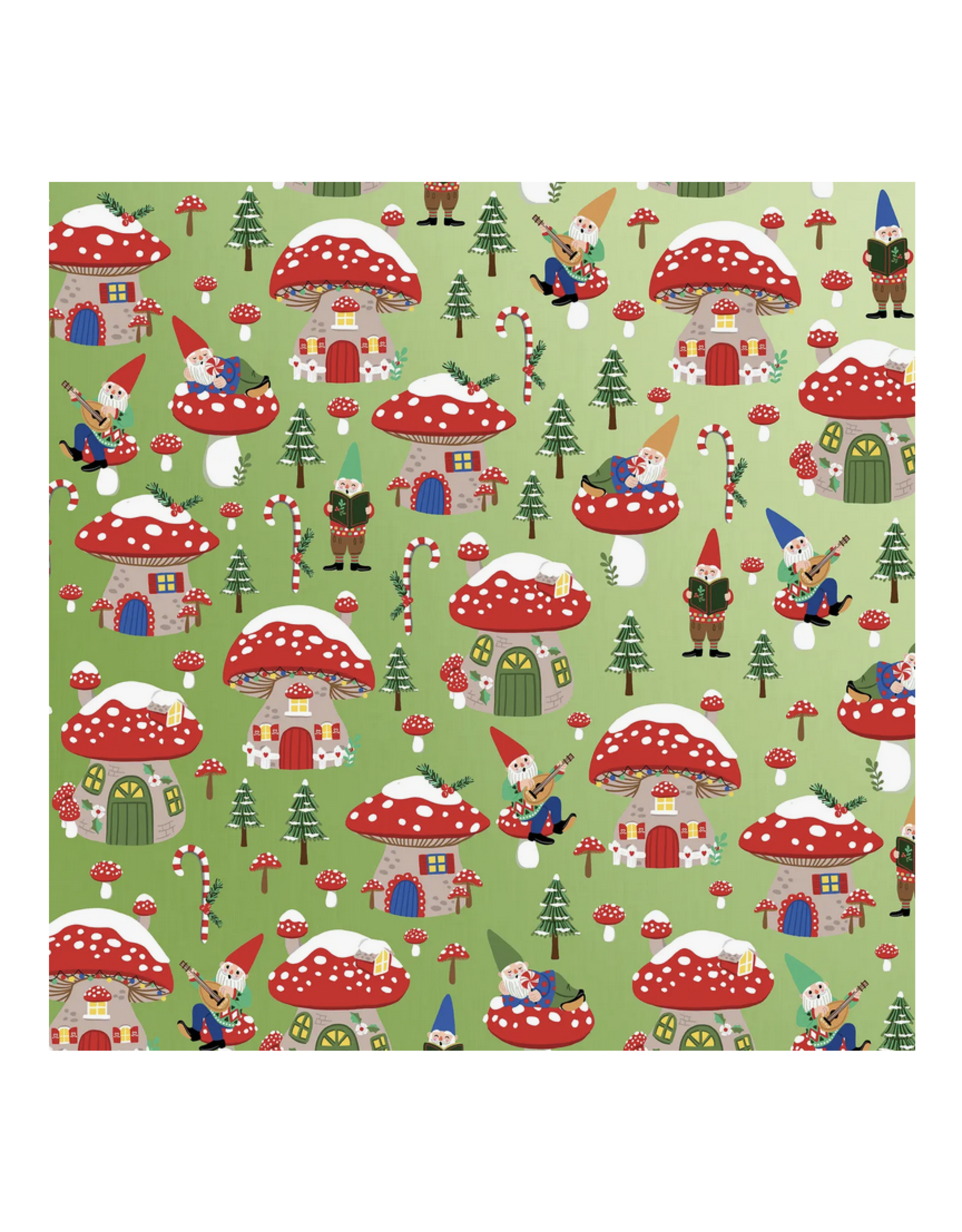 Green Holiday Mushrooms & Gnomes Wrapping Paper - Curbside Only