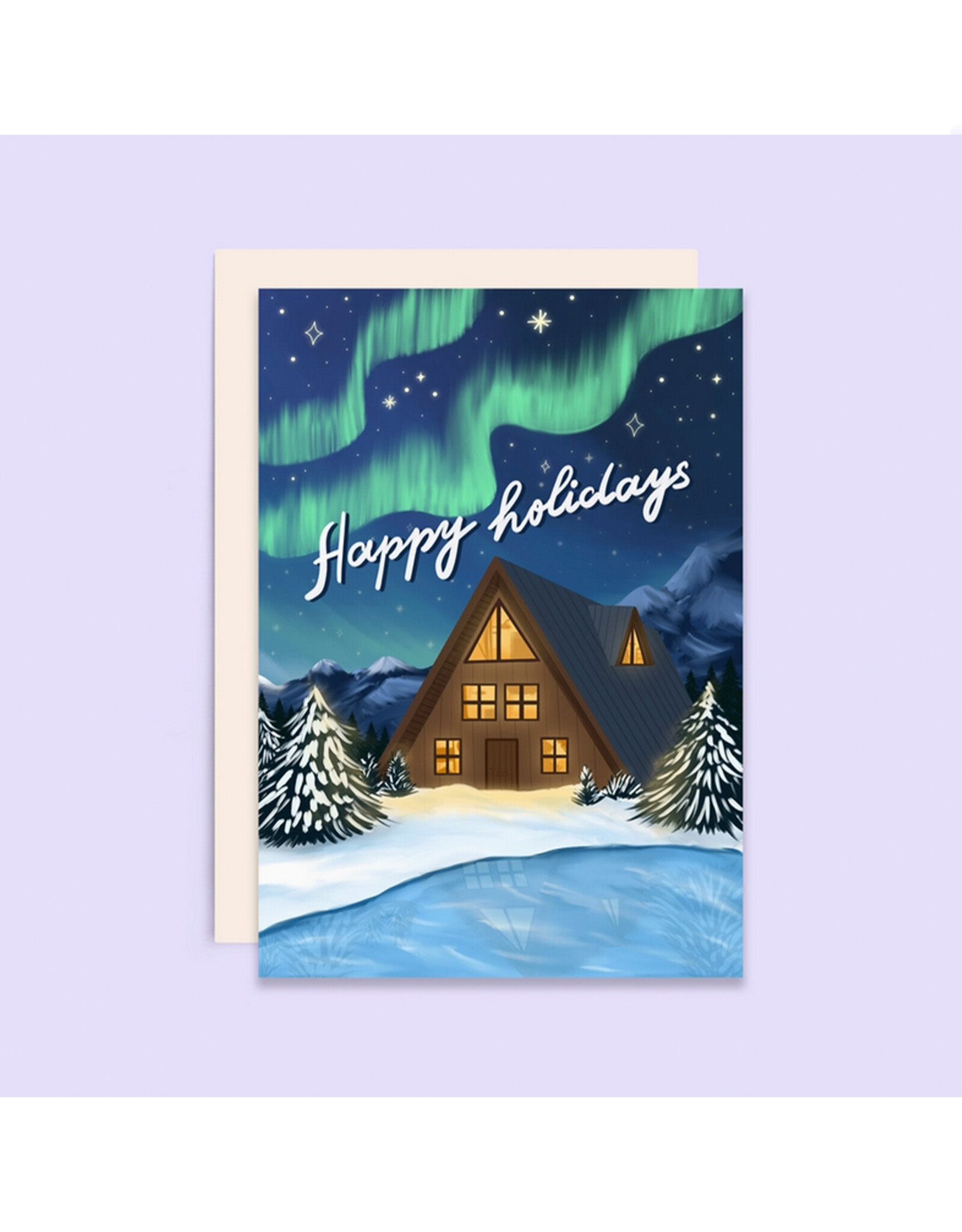 A-Frame and Northern Lights Holiday Greeting Card