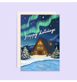 A-Frame and Northern Lights Holiday Greeting Card