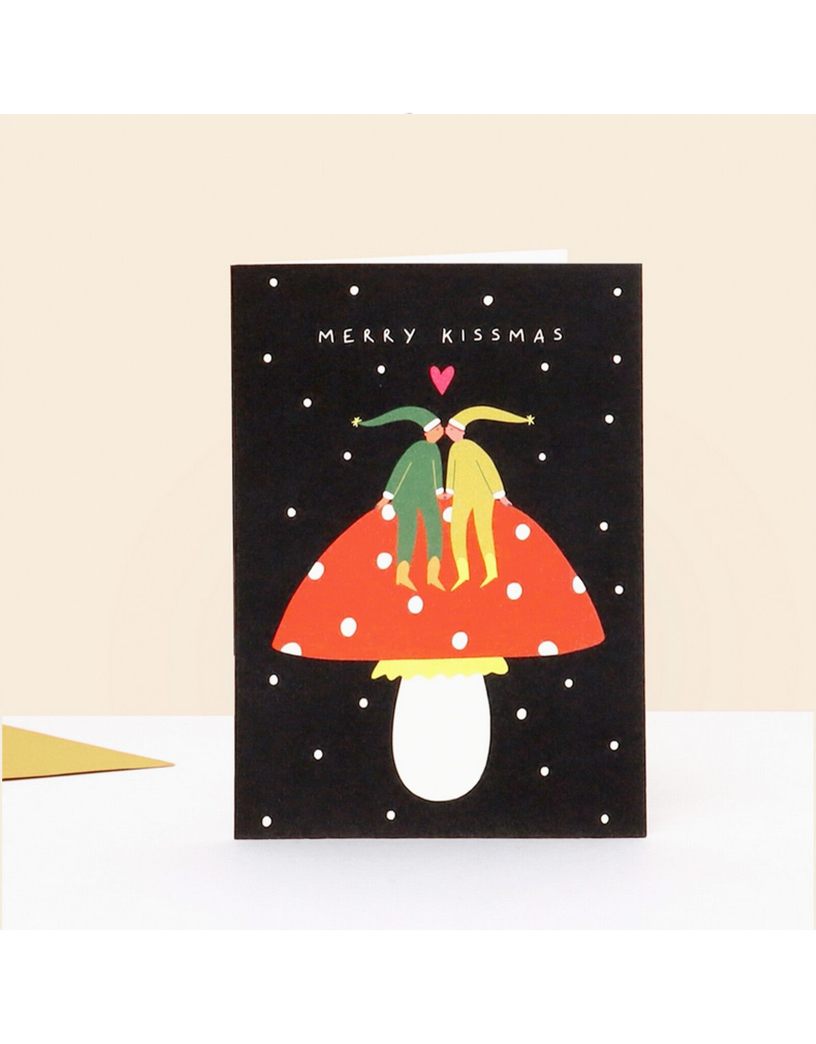 Merry Kissmas Elves on Mushroom Greeting Card