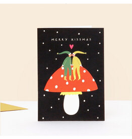 Merry Kissmas Elves on Mushroom Greeting Card