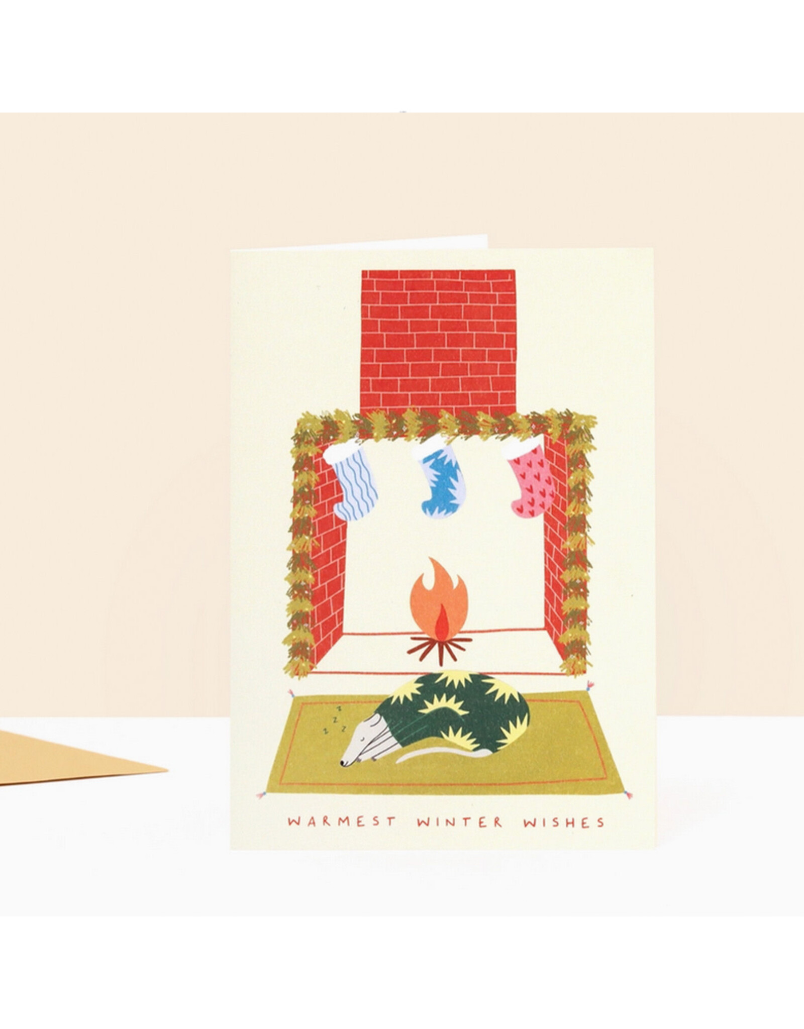 Warmest Winter Wishes Fireplace Dog Greeting Card