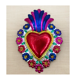 Large Painted Tin Heart with Flowers