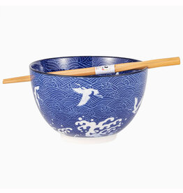 Blue Crane and Waves Bowl & Chopsticks Set