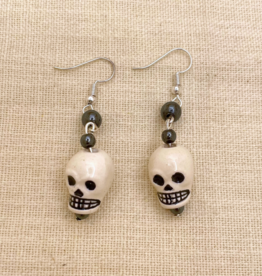 White Skull Hematite Earrings