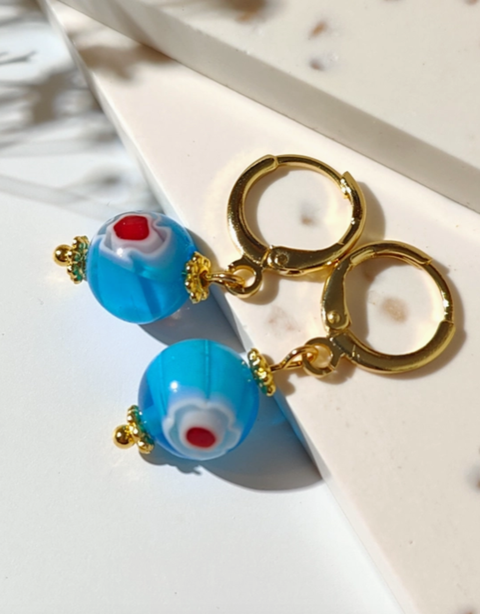 Round Millefiori Hoop Earrings - Light Blue