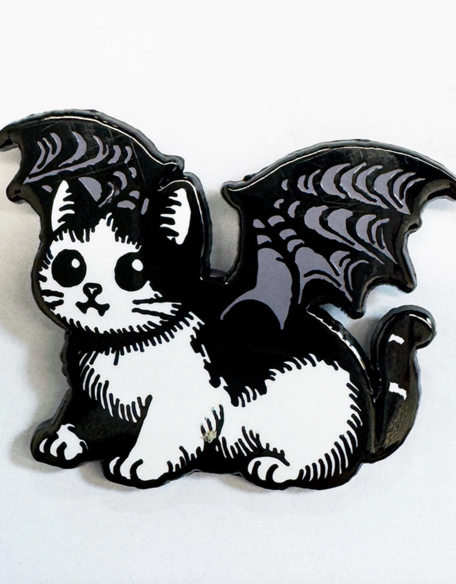 White Cat Bat Enamel Pin