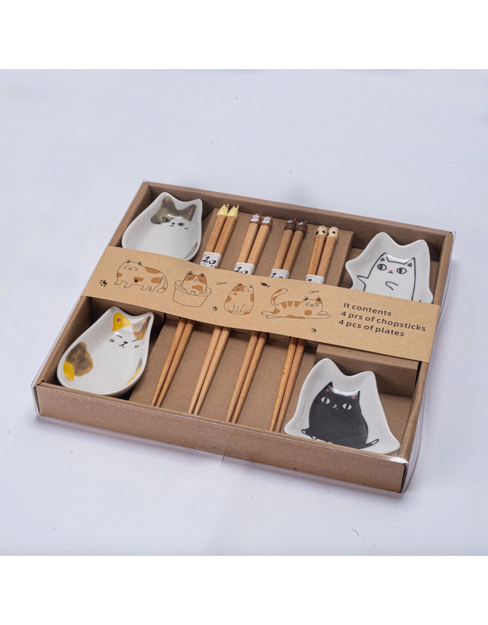 Cute Cat Dish & Chopsticks Set of 4