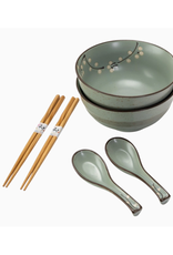 Green Cherry Blossom Bowl Set with Spoons & Chopsticks