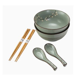 Green Cherry Blossom Bowl Set with Spoons & Chopsticks