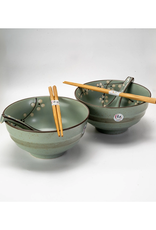 Green Cherry Blossom Bowl Set with Spoons & Chopsticks