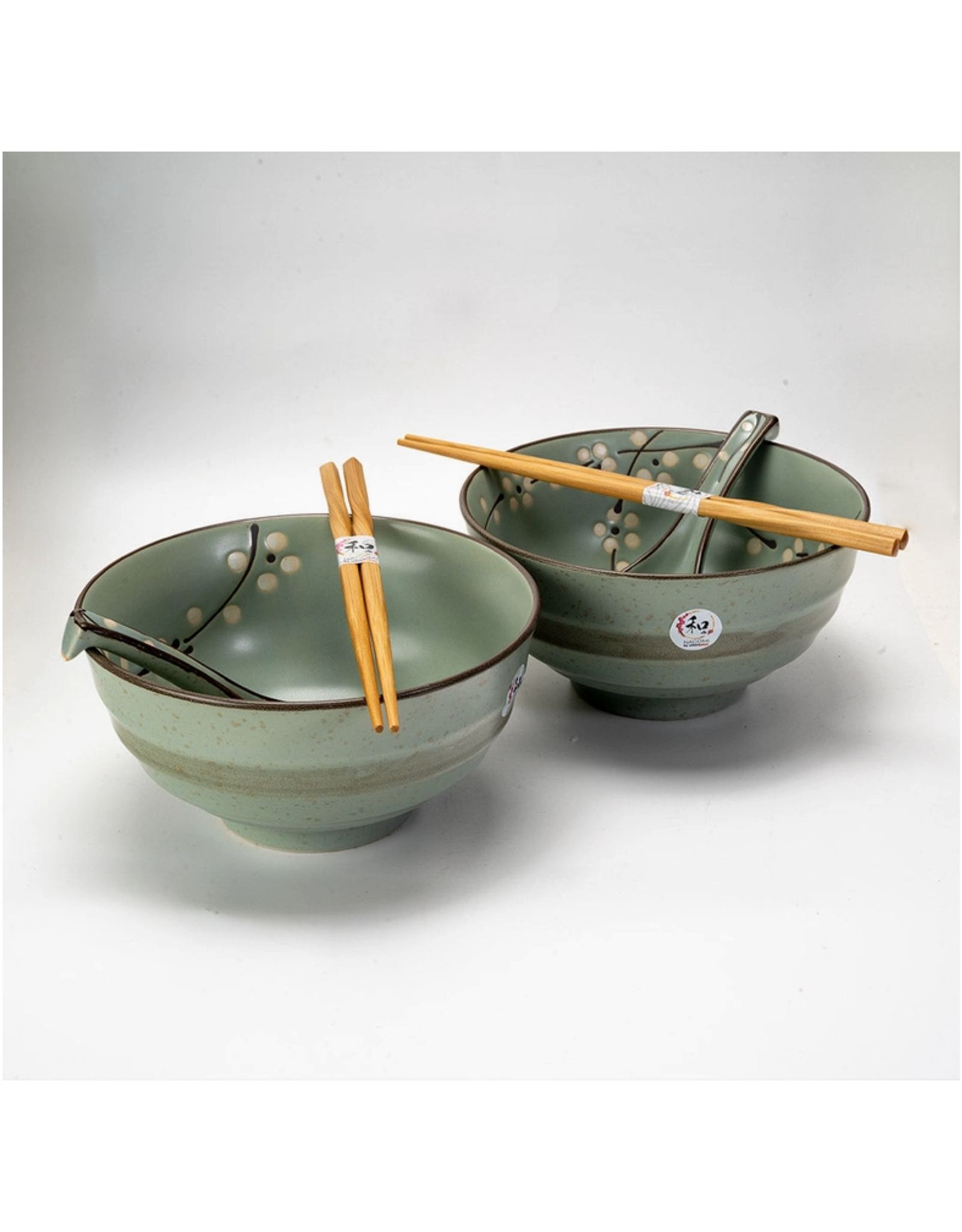 Green Cherry Blossom Bowl Set with Spoons & Chopsticks