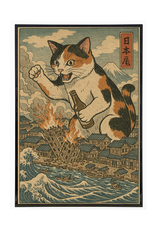 Cat Destroying City Ukiyo-E Poster Print