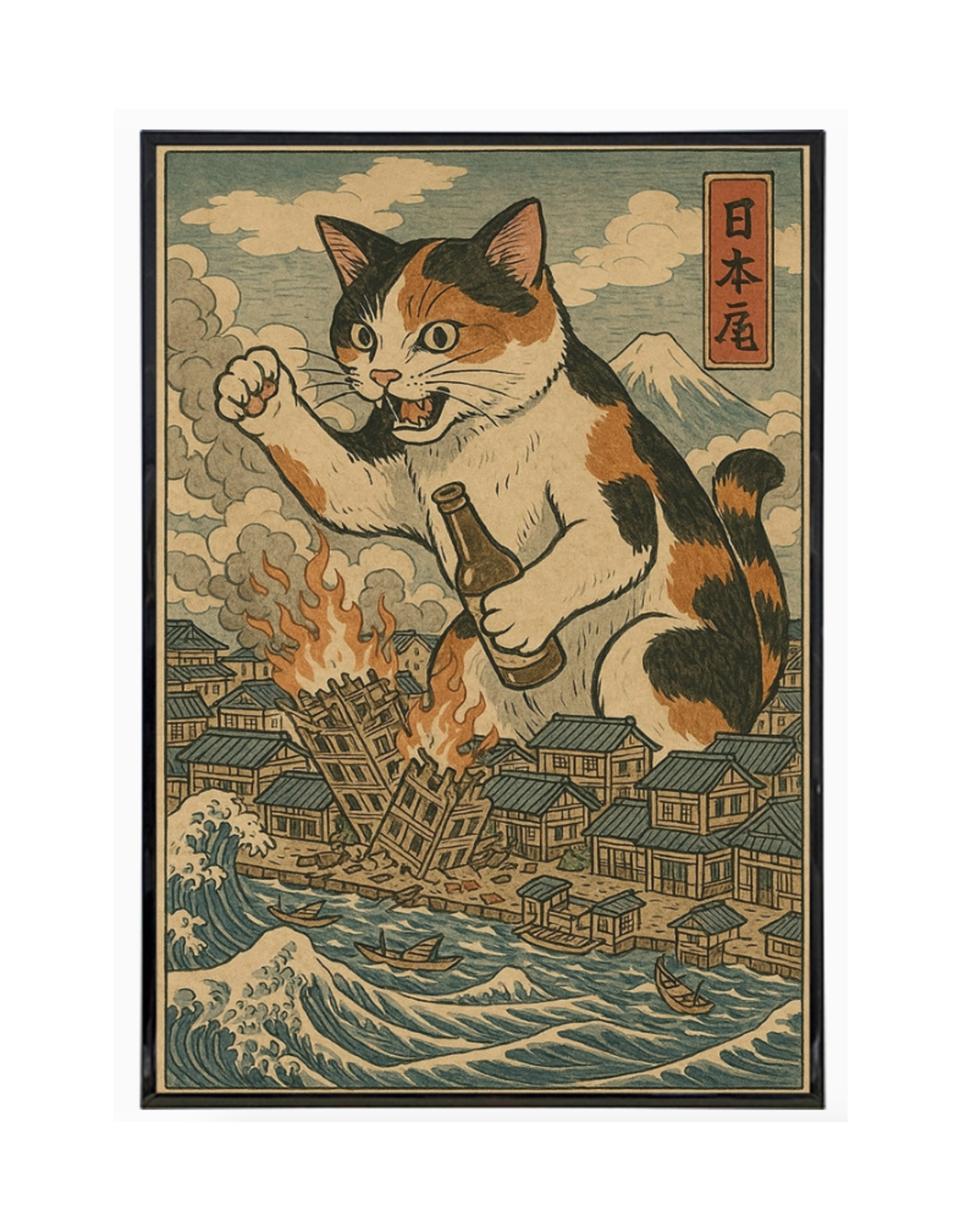 Cat Destroying City Ukiyo-E Poster Print