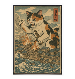 Cat Destroying City Ukiyo-E Poster Print