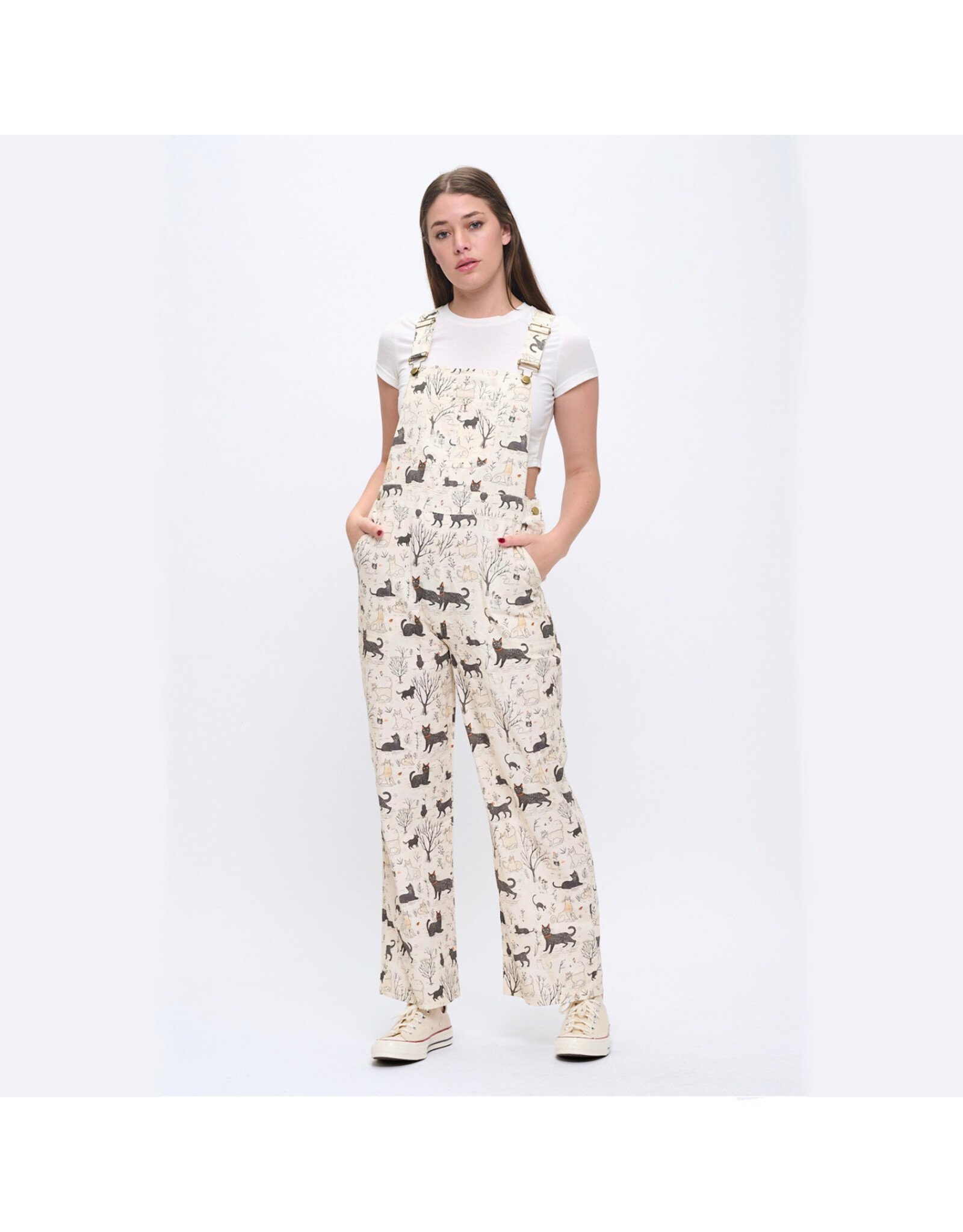 Whimsical Cat Forest Print Overalls
