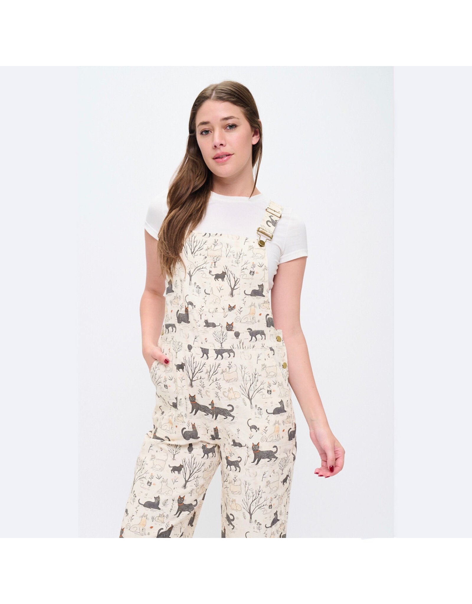 Whimsical Cat Forest Print Overalls
