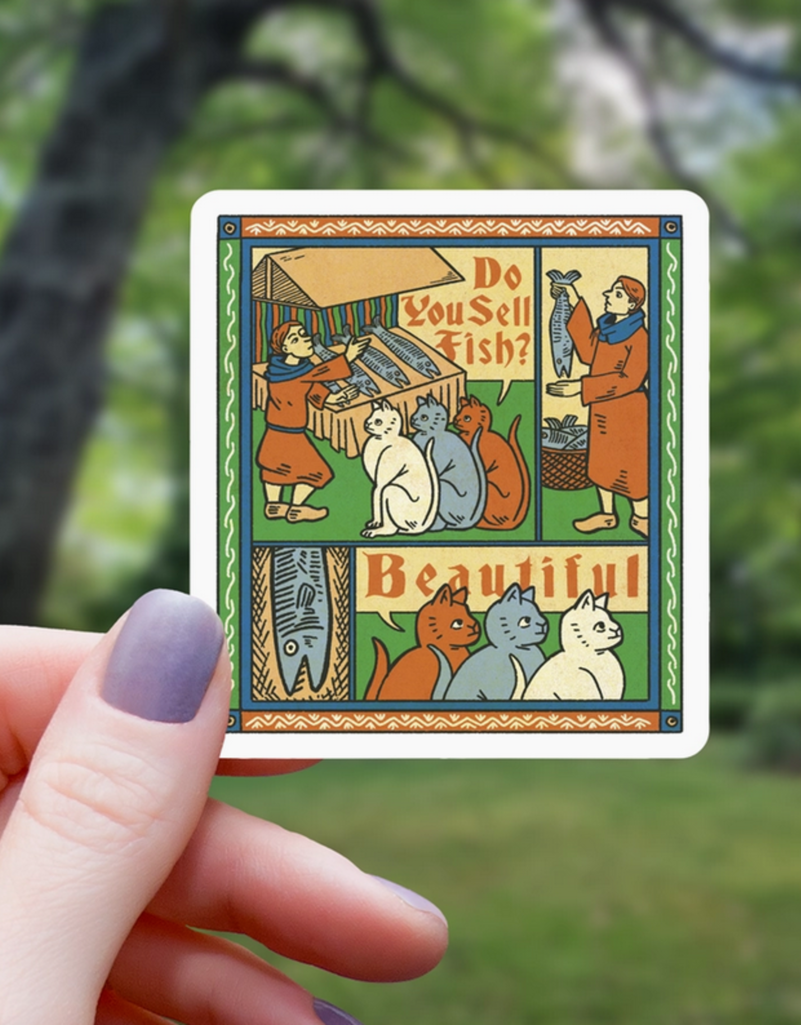 Medieval Cat Tapestry "Do You Sell Fish?" Sticker