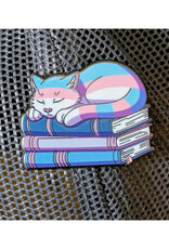 Trans Cat on Pile of Books Enamel Pin