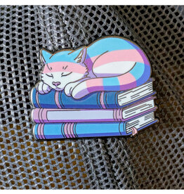 Trans Cat on Pile of Books Enamel Pin