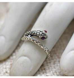 Midi Red Eyed Snake Ring - Silver