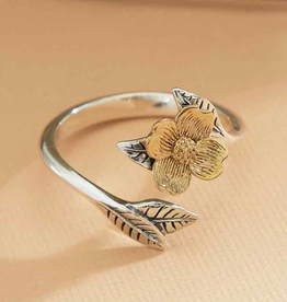 Mixed Metal Adjustable Dogwood Flower & Leaves Ring