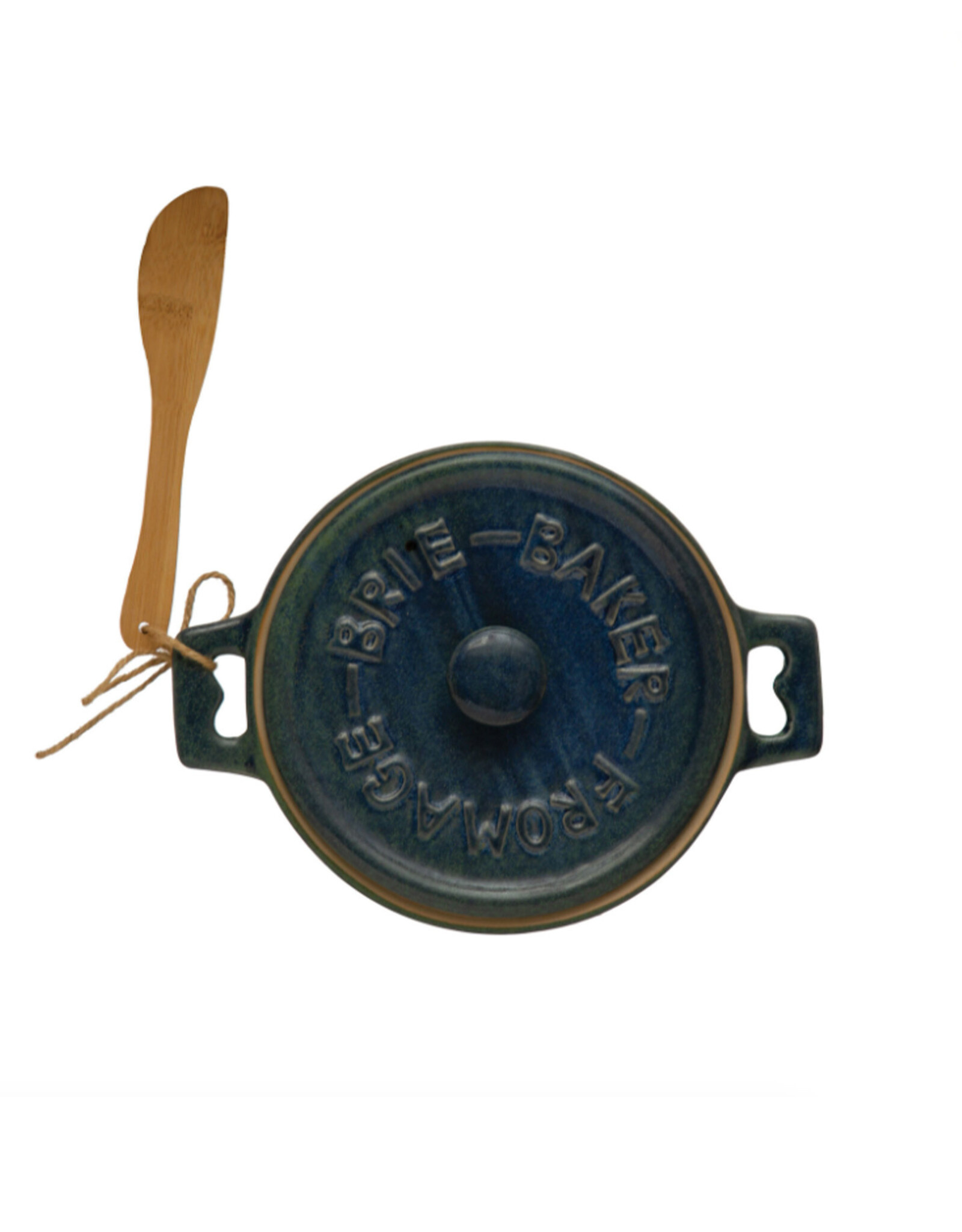 Stoneware Brie Baker w/ Bamboo Spreader - Blue