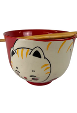 Red Chubby Cat Donburi Bowl & Chopsticks Set
