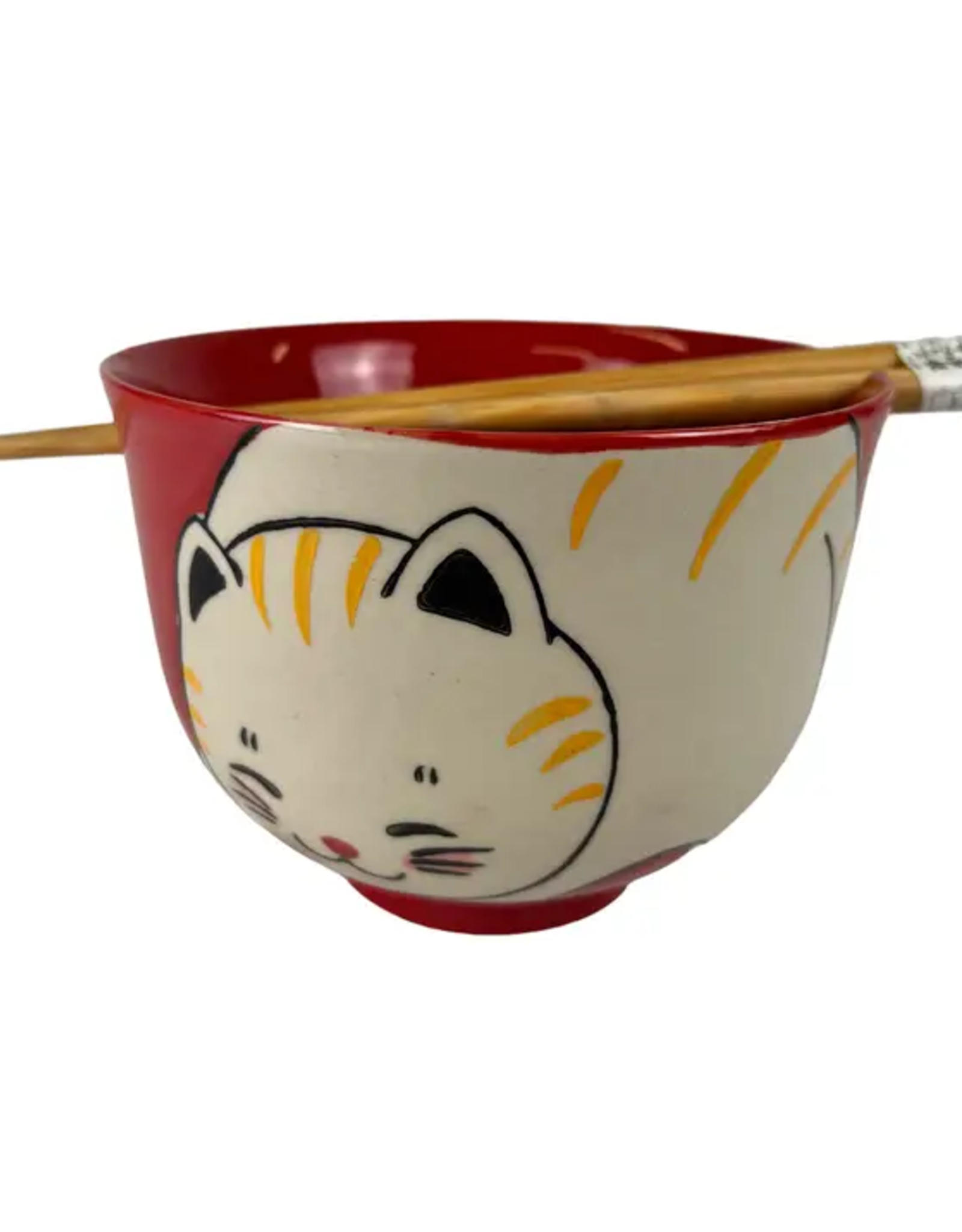 Red Chubby Cat Donburi Bowl & Chopsticks Set