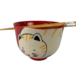 Red Chubby Cat Donburi Bowl & Chopsticks Set